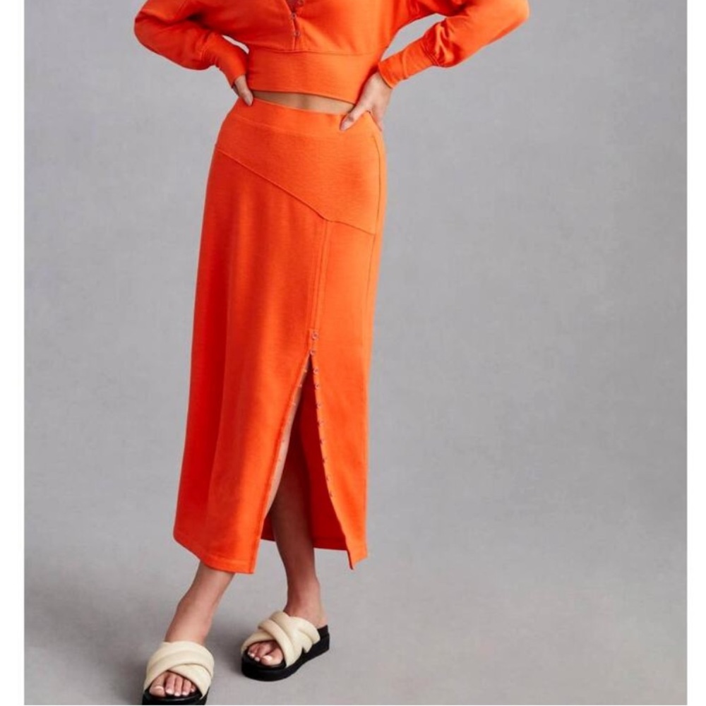 Anthropologie Daily Practice Vibrant Orange Midi Skirt Side Slit Womens Small